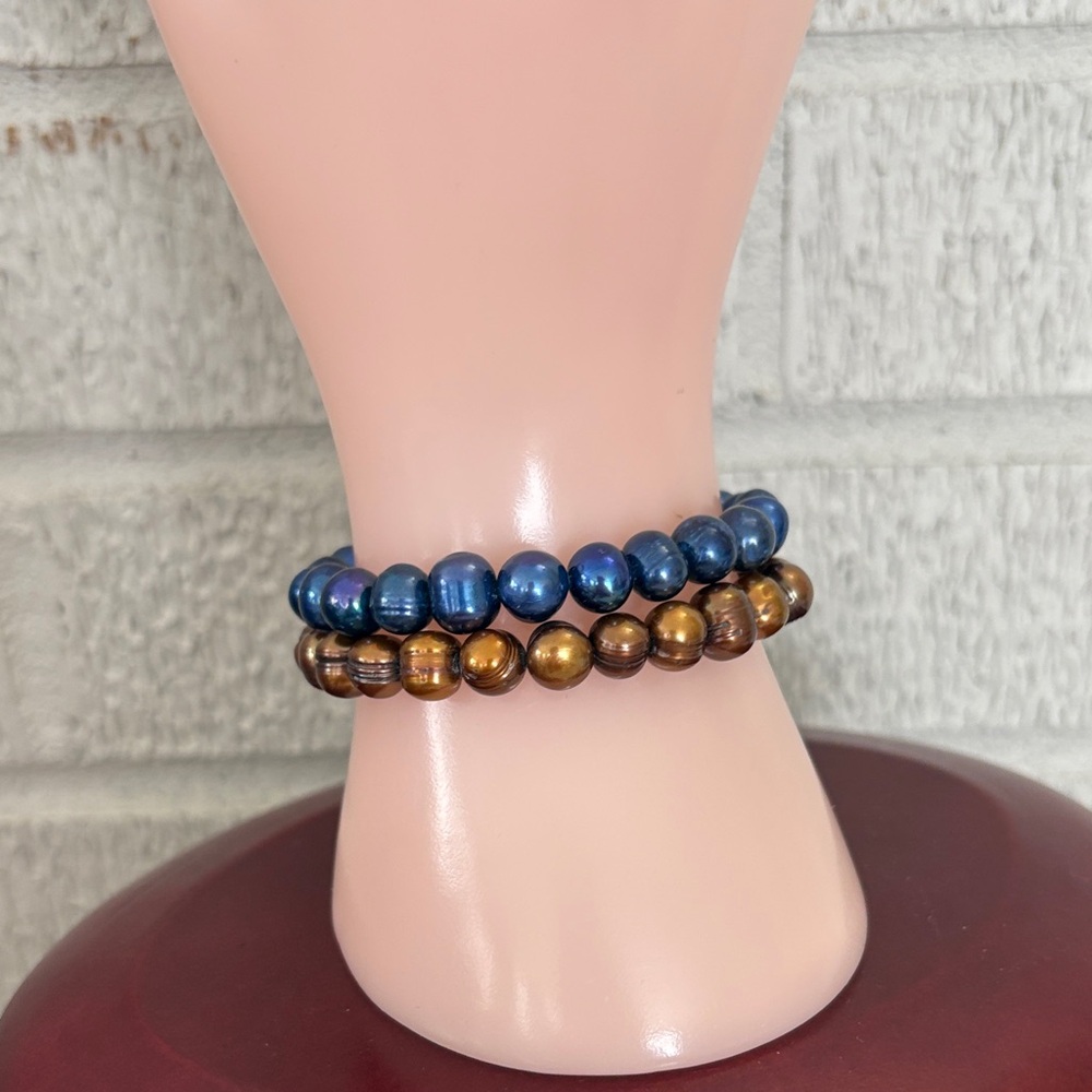 Set of 2 Genuine 8mm Steel Blue & Bronze Dyed Pearl Stretch Bracelets 6.5"-7.5"